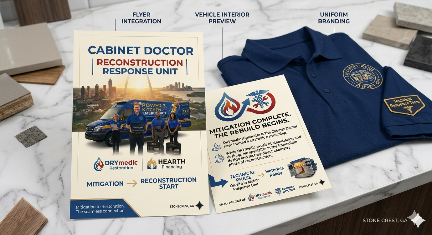 Cabinet Doctor Reconstruction Response Unit — DRYmedic Restoration & Hearth Financing partner flyer